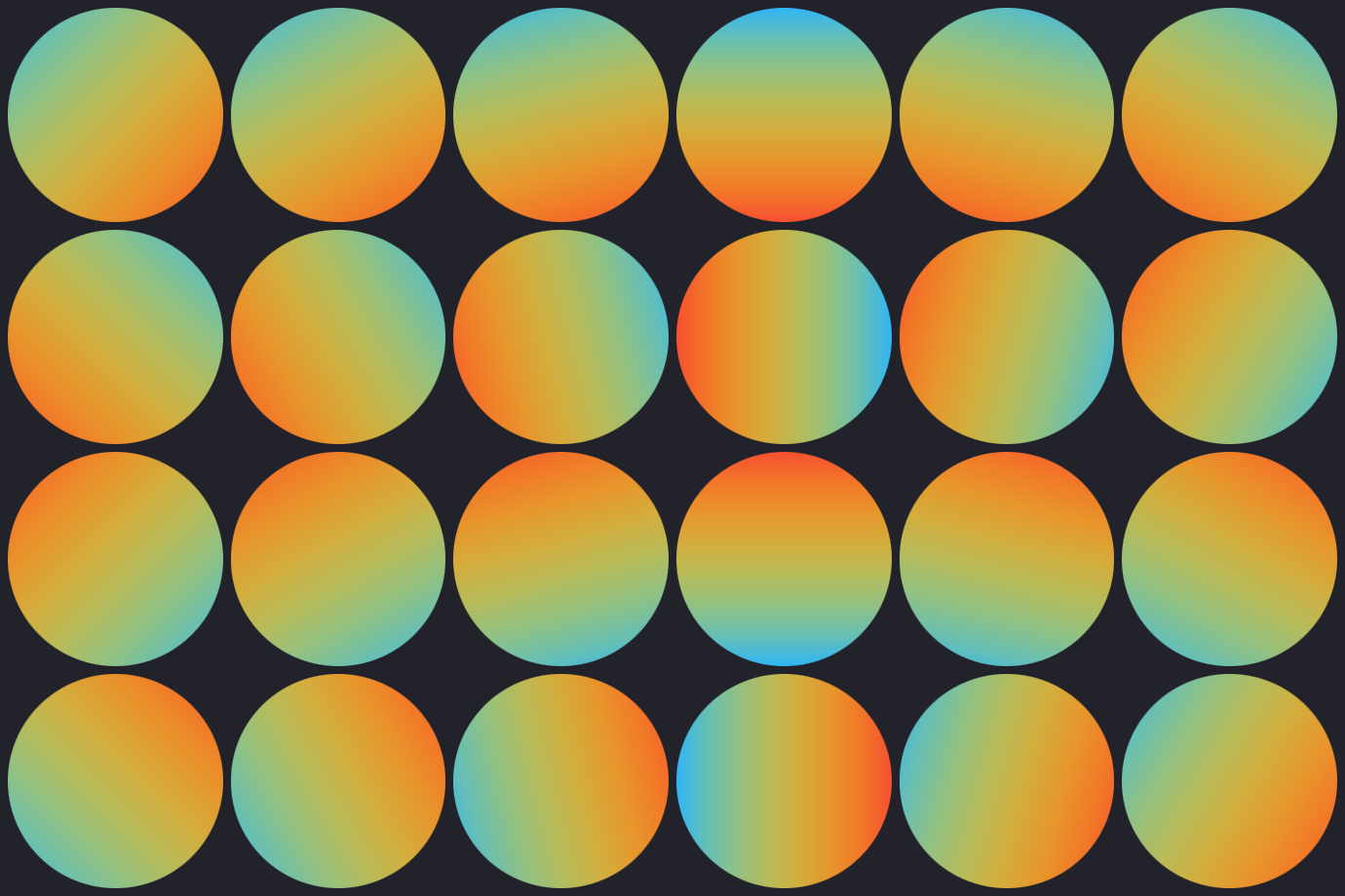 24 circles with a gradient fill in a six by four grid