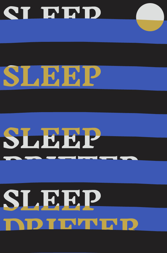 Animated GIF of multiple black and blue waves moving synchronously in a loop with the text sleep drifter repeated four times. In the right corner a circle with its color transitioning to symbolize either the sun or moon.
